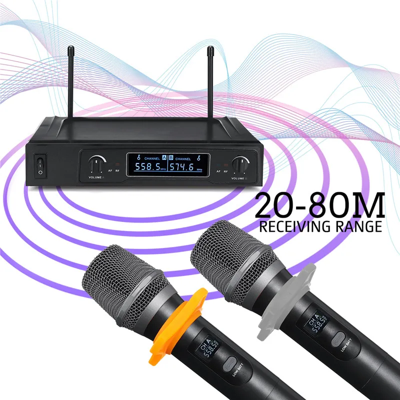 حار بيع 220 V/50Hz UHF بعيدة المدى مزدوج قناة 2 يده ميكروفون الارسال المهنية الكاريوكي نظام مكبر صوت لا سلكي ذو تردد فوق العالي