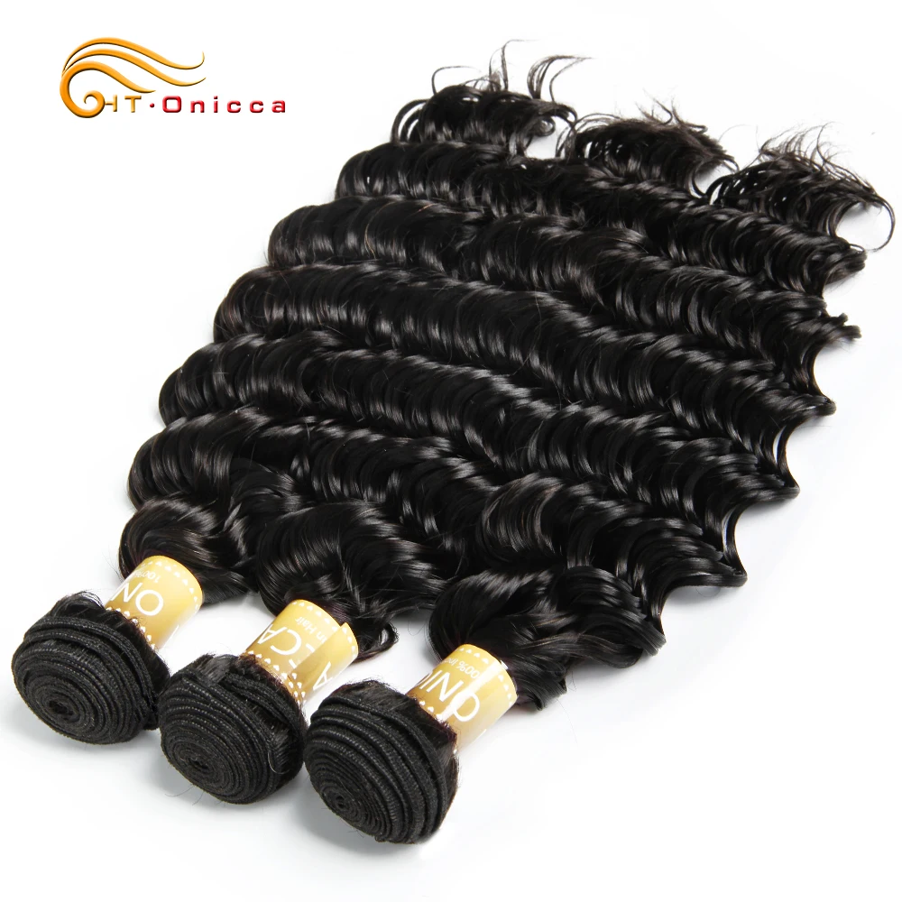 Indian Deep Wave Bundles Human Hair Extensions 1 3 4 Bundle Deals Onicca Non Remy Hair Weave Bundles 8-24 Inches Free Shipping