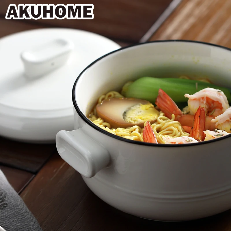 

Japanese simple cutlery ceramic bowl with lid Large 6-inch soup Noodles bowl tableware