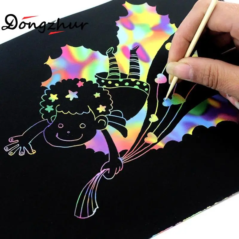

DIY Scratch Picture For Children Educational Toys Doodling Scratch Painting Kids Drawing Colorful Black Paper with Wooden Stick