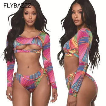 

Women Sexy Hollow Out Long Sleeves Bikinis Swimsuit Rainbow Print Bikini Swimwear 2019 Bandage Swimsuit Women Biquini High Cut