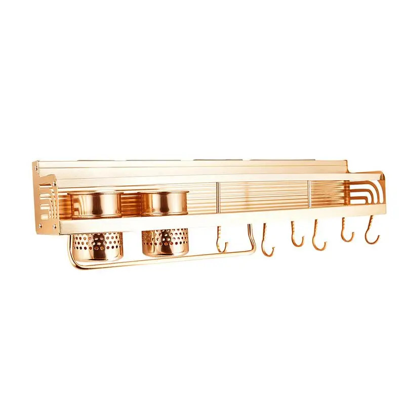 

Gold Double Cup Kitchen Shelf Aluminum Multifunctional Wall Mounted Pot Storage Rack With Bottle Rack Silverware Blocks Hooks