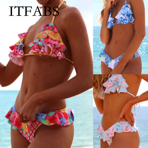 

ITFABS 2019 Women Lady Push Up Padded Ruffle Bathing Suits Swimsuit Swimwear Bikini Set