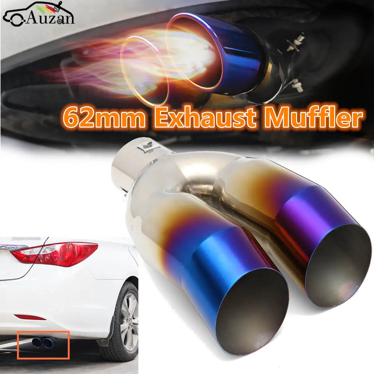 

62mm Universal Car Stainless Steel Inlet Dual Burnt Slanted Exhaust Muffler Tip