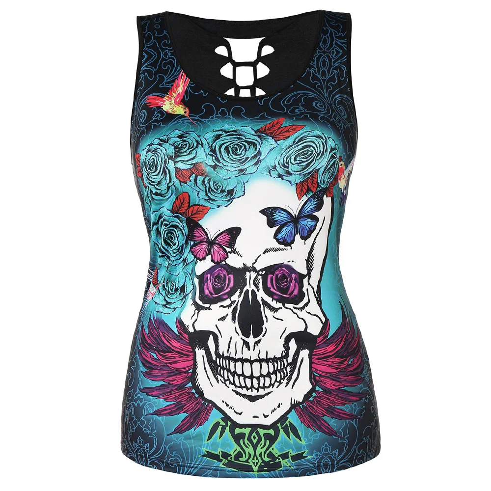 

Joineles Plus Size Gothic Style Skull Print Tanks Tops Round Neck Sleeveless Holes Back Casual Shirts 4xl 5xl Women Vests Tops