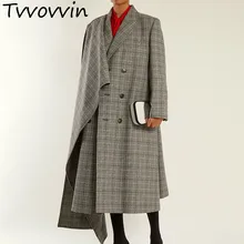 Tvvovvin, новинка, весна, лацканы, длинный рукав, серая, в клетку, неровная строчка, свободная, длинная, особенная куртка, Женское пальто, E061