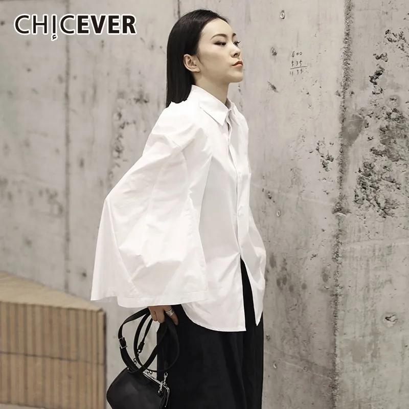 

CHICEVER 2019 Spring White Tops Female Shirts Lapel Flare Sleeve Loose Blouses Women's Shirt Korean Fashion Clothes New