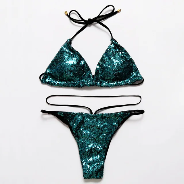 2018 Bling bling Shiny Glitter Swimming Suit Sexy Halter Sequins Bikini