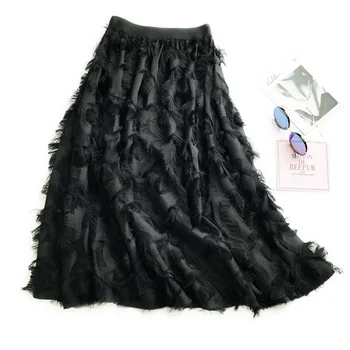 

Wholesale Chiffon Skirt Fringed And Feathered High Waist Skirt Female Korean Version of the Long Wild Pendent Large A-line Falda