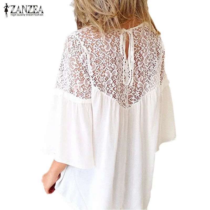 

ZANZEA Women Blouse Chiffon Patchwork Lace Floral Crochet Shirt Summer 2019 O Neck Casual Loose Tops Blusas Femininas Plus Size