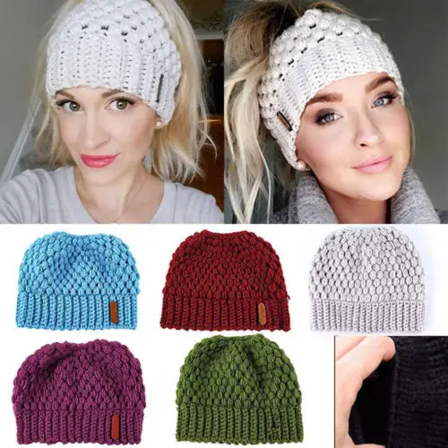 Вязаная шапка женская зимняя теплая с хвостиком|Женские Skullies и шапочки| |