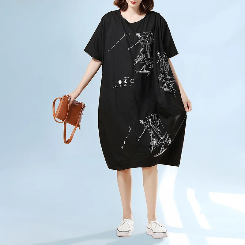 LANMREM 2020 Summer New Pattern Loose Casual Irregular Printing Dress Round Collar Short Sleeve Large Size Cloth For Women YH167