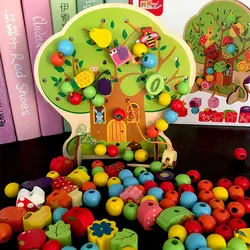 Деревянные головоломки нанизывание и шнуровка бисера Набор яблоня с красочными бусинами раннего обучения Развивающие игрушки для более 3