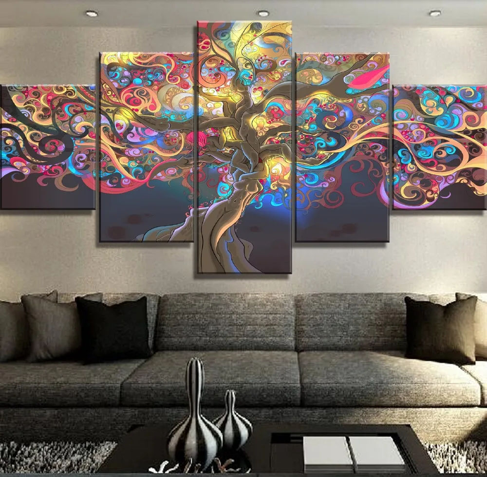 Framed 5 Piece Canvas Art Tree Of Life Cuadros Decoracion Paintings on Wall for Home Decorations Decor Artwork | Дом и сад