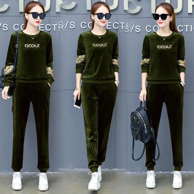 Cena Damskie aktywne dresy hafty nadrukowane litery O Neck z długim rękawem w połowie zwężone jednokolorowe spodnie garnitury