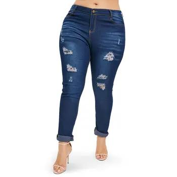 

Blue Denim Jeans Women Casual High Waist Button Zipper Fly Ripped Pants 2019 Skinny Jeans Cowboy Pencil Pants Woman'S Trousers