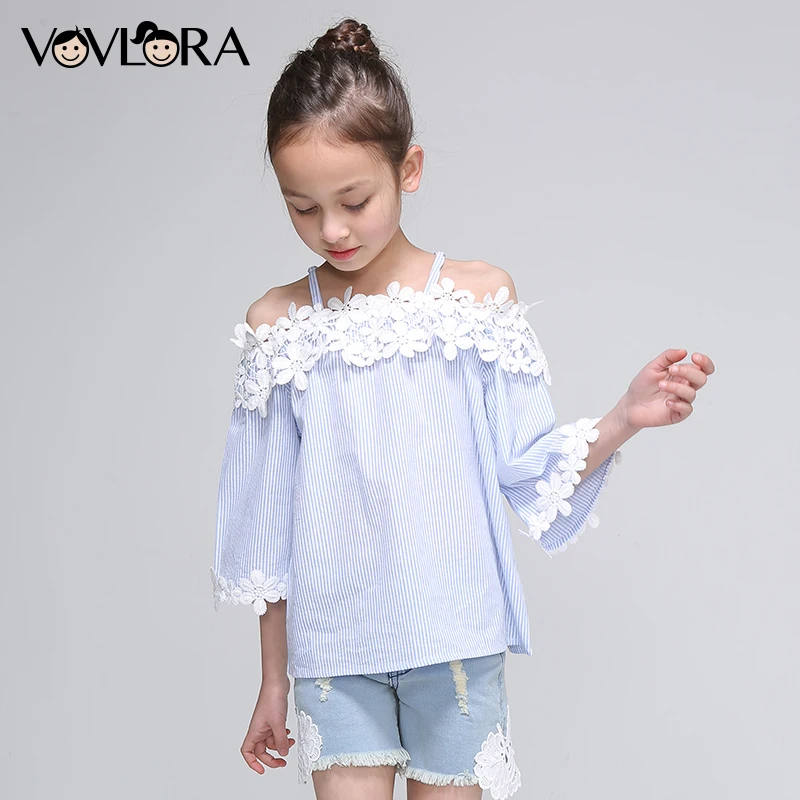 Girls Lace Blouses Shoulder Tops Patchwork Kids Striped Blouse Three Quarter Sleeve Slash Neck Fashion size 7 8 9 10 11 12 Years Girls Lace Blouses Shoulder Tops Patchwork Kids Striped Blouse Three Quarter Sleeve Slash Neck Fashion size 7 8 9 10 11 12 Years