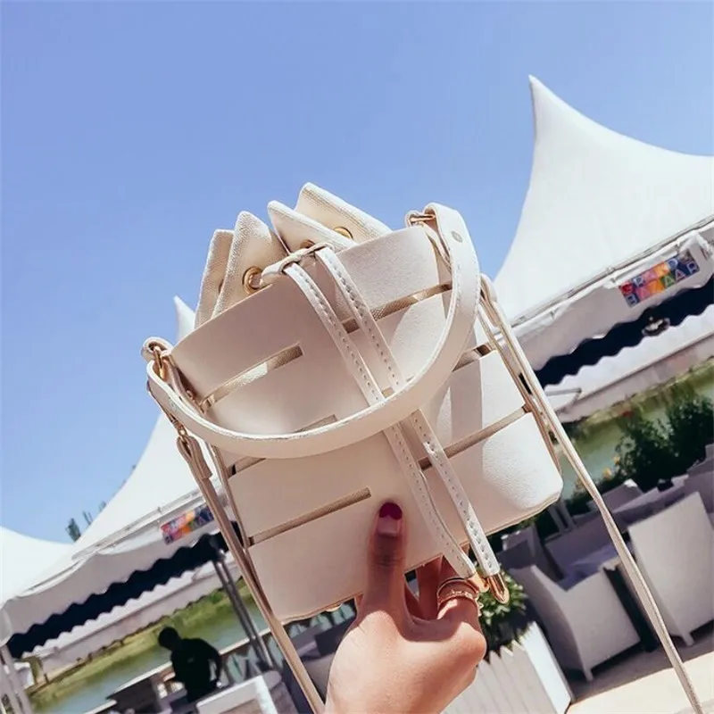 

Fashion Bucket Tote Bags For Women 2019 New Hollow Out Beach Bags 2pcs Purse And Handbags Ladies Shoulder Messgenger Bags