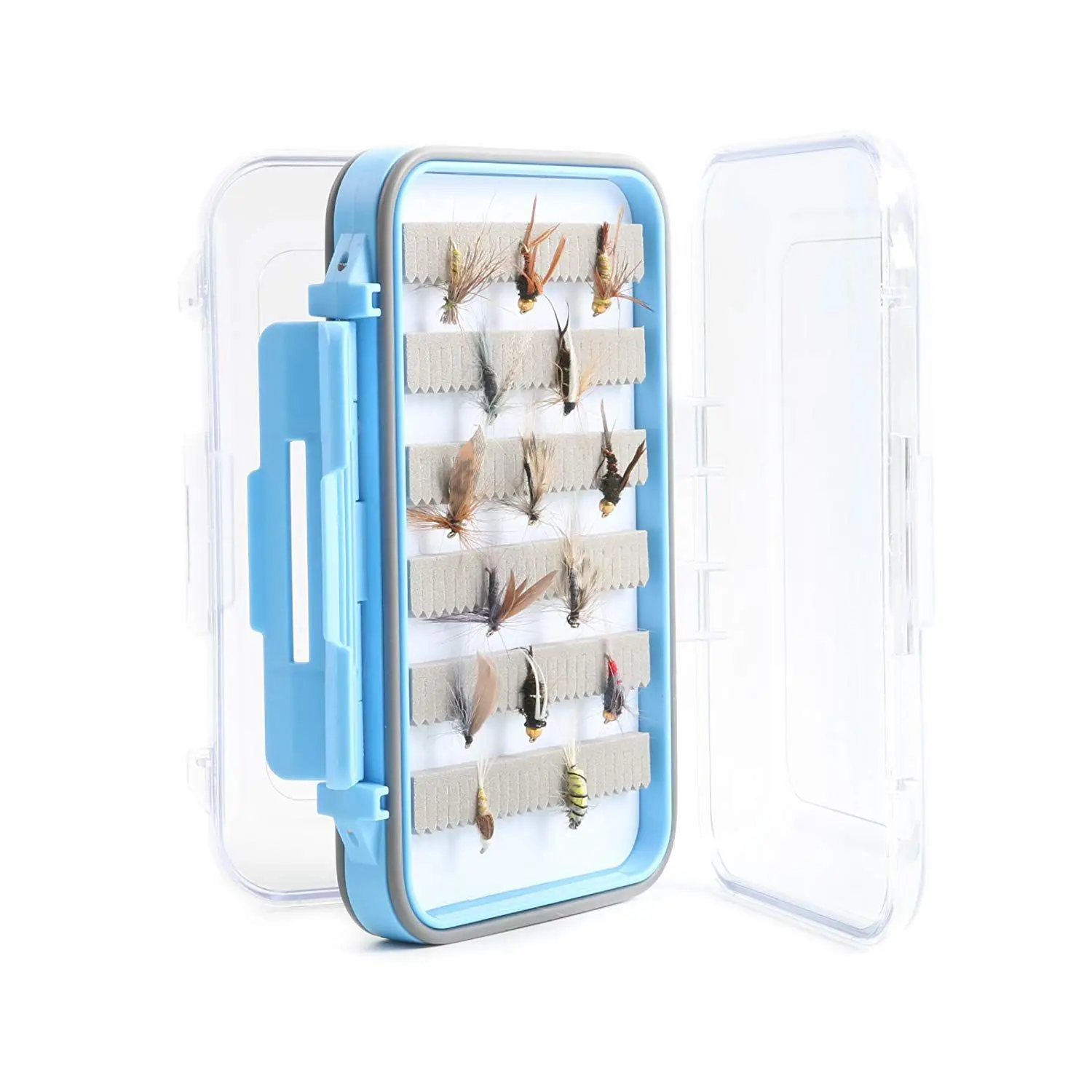 HOT-Two-Sided Waterproof Fly Box Slit Foam Fly Fishing Box Blue + transparent