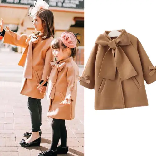 

Toddler Kids Cute Baby Girls Wool Blend Bow Knot Coats Brown Outerwear Clothes