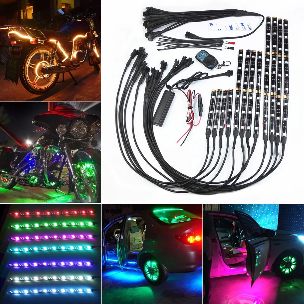 12 шт. RGB светодиодный автомобильный мотоцикл Chopper рамка светящиеся огни Гибкие неоновые полосы комплект водонепроницаемый 18 цветов 5050 SMD лента для мотоцикла