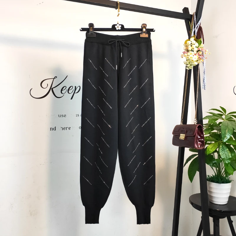 

Qiukichonson Hot Drilling Diamond Black Women Jogger Pants 2019 England Style High Waist Knitted Sweatpants Casual Harem Pants