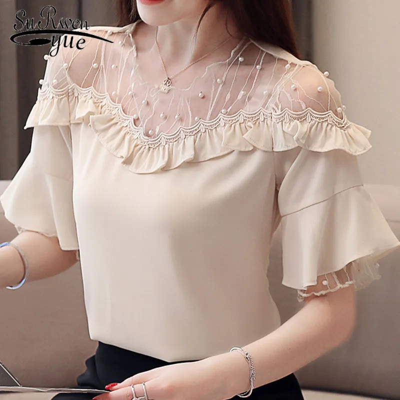 

Women short chiffon sweet shirt 2019 summer fashion Lady chiffon short sleeve Ruffle sleeve Lace women top Mesh blouse 3411 50