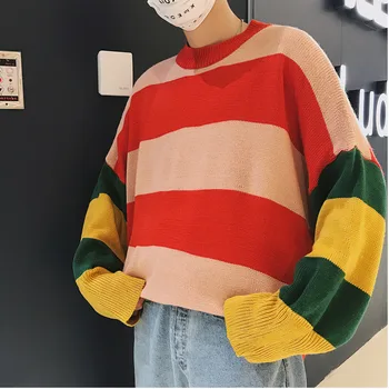 

2018 Autumn And Winter Male Loose Rainbow Striped Sweater Round Neck Pullover Sweater Jacket Tide Red / Blue / Khaki S-XL