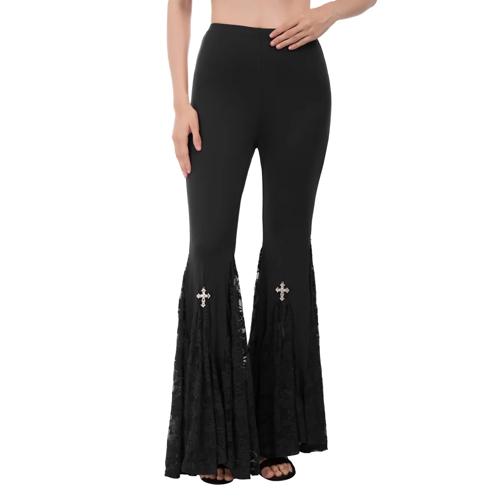 

Steampunk Waist Lace Decorated Hippie Stretch Bell Bottoms Wide Leg Women trousers chic Ruching Capri Pants Drawstring pantalon