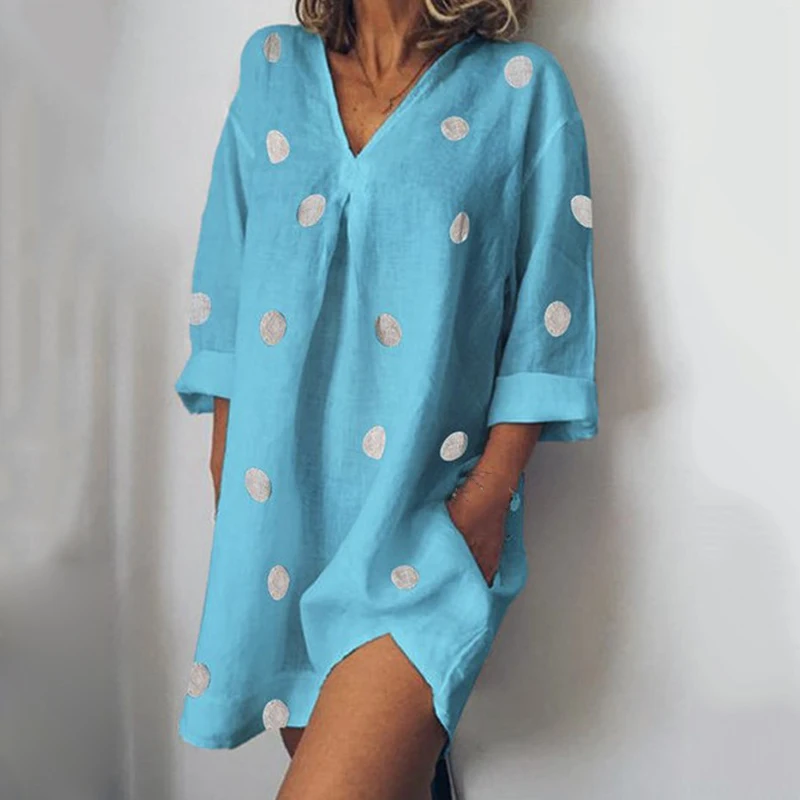 

Ladies 3/4 Sleeve Long T Shirt Blouse Summer Loose Casual V Neck Mini Dress Sexy