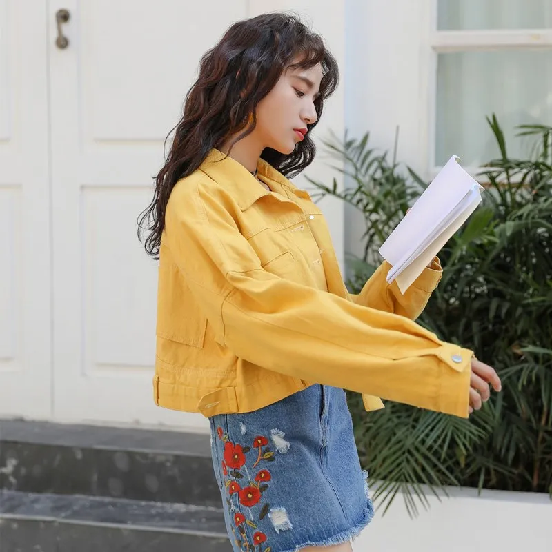 2019 Women Single Breasted Loose Denim Jacket Solid Red Yellow Ripped Cropped Denim Coats Motorcycle Biker Short Jeans Jacket