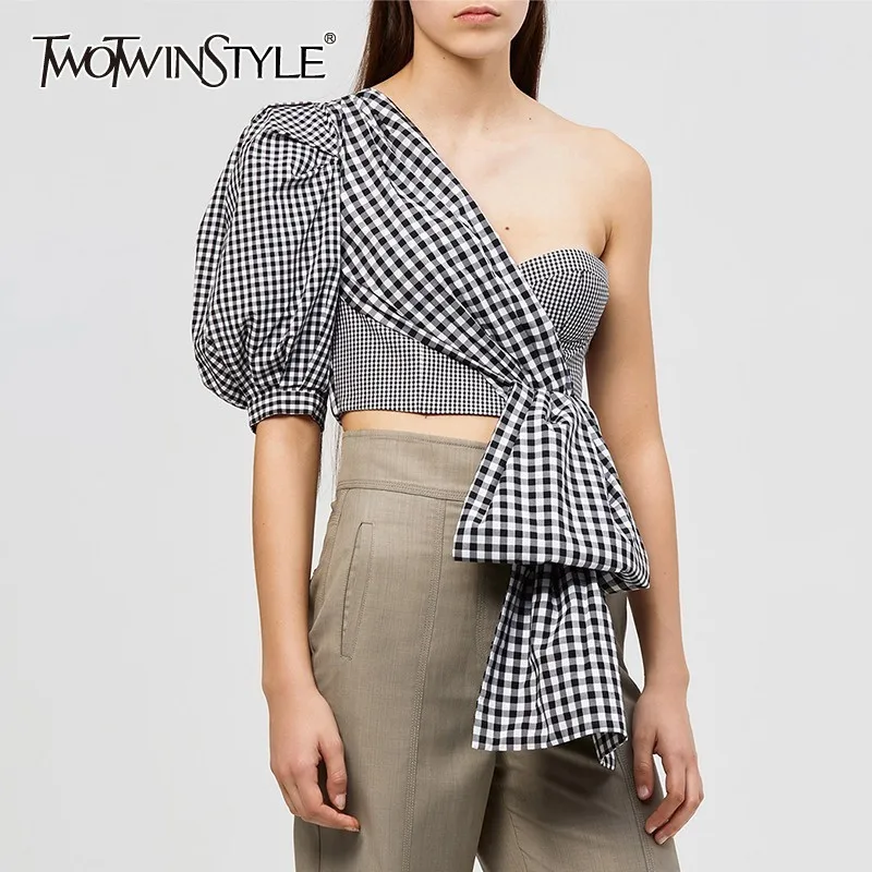 Buy Twotwinstyle Off Shoulder Sexy Plaid Shirt For Women Puff Half Sleeve