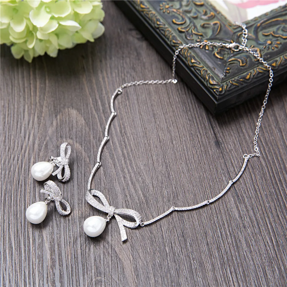 

Cute Bowknot Necklace Earrings Jewelry Sets Princess Wedding Micro Paved Cubic Zirconia Pendant Simulated Pearl Dangle Earring