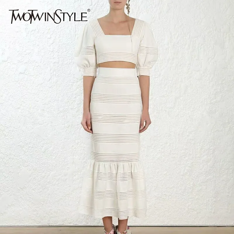

TWOTWINSTYLE Two Piece Sets Female Square Collar Half Puff Sleeve Crop Tops High Waist Ankle Length Mermaid Skirts 2018 Autumn