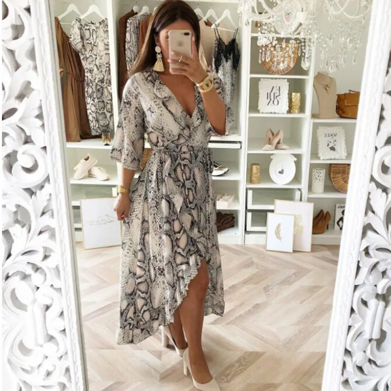 

irregular Mini Dress Women Ladies Snake Print Ruffles Summer Vintage Deep V Neck High Waist Dresses Sexy Slim Bandage