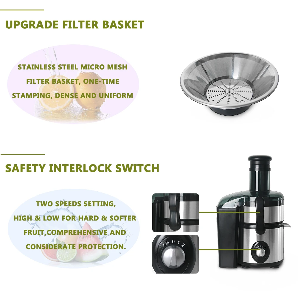 2000ML Capacity Fruit Juicer Machine Masticating Vegetable Kitchen Appliances Stainless Steel Fruit Juice Separation Blender