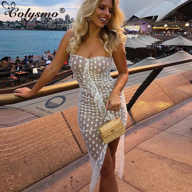 

Colysmo Elegant Ruffled Long Dress Women Summer Sexy Off Shoulder See Through Mesh Dot Bodycon Dress Beach Party Dress 2019 New