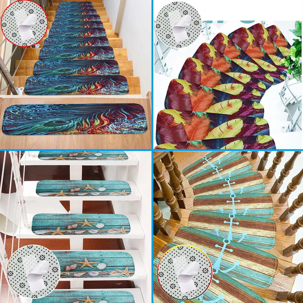 

23x68.5cm Colorful Seaside Design Fishing Net Stair Pad Anti-Slip Kitchen Bathroom Protection Cover Floor Mat