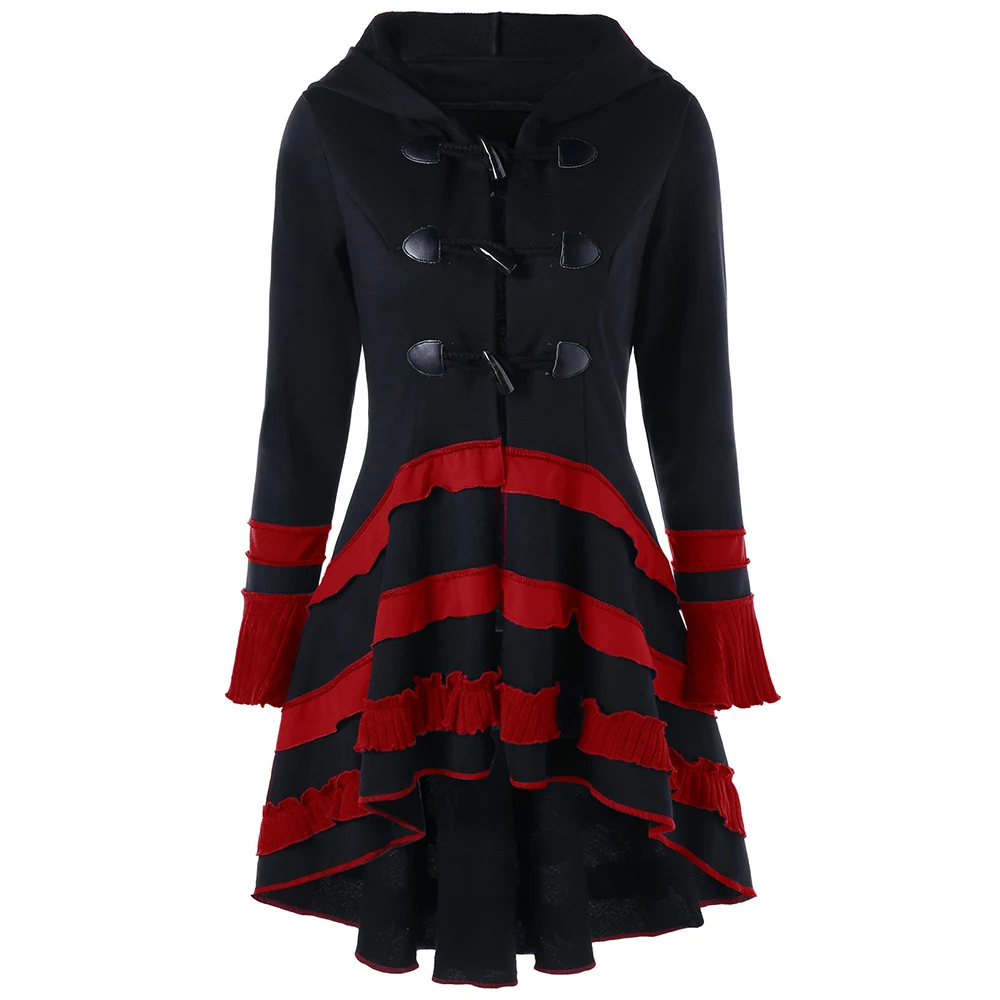 

Sovalro Vintage Gothic Trench Coat Women Button Long Sleeve Autumn Hooded Coat Lace Up Criss-Cross Asymmetric A-Line Outerwear