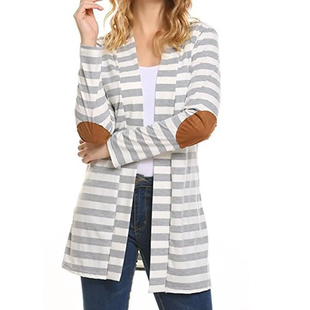 

Women Casual Stripe Elbow Patch Open Above Knee Winter/Spring/Autumn Cardigan) Front Long Sleeve Cardigan Coat