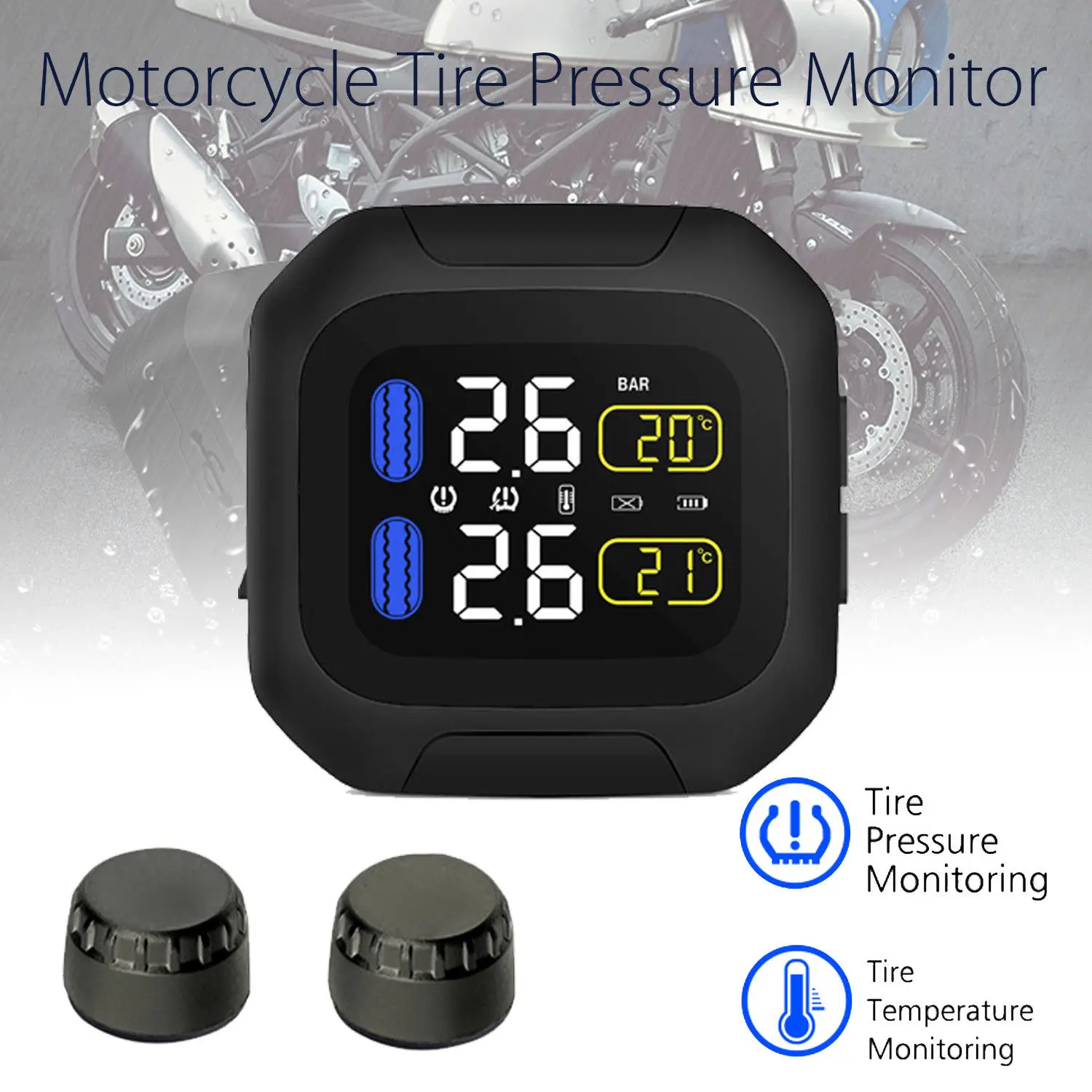 

Motorcycle Tire Pressure Monitoring System TPMS Wireless LCD +2 External Sensors