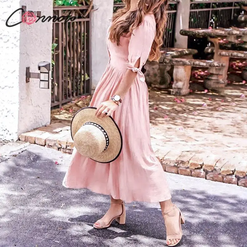 

Conmoto 2019 New Party Midi Pink Summer Dress Women Ruffle Elegant Female Vintage Dresses Solid Casual Beach Dress Vestido