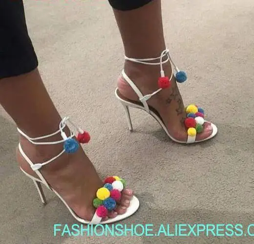

Multicolor Pom Pom Women Lace Up Sandals Sexy Open Toe Ladies Fashion High Heels Ankle Bandage Female Dress Shoes Party Shoes