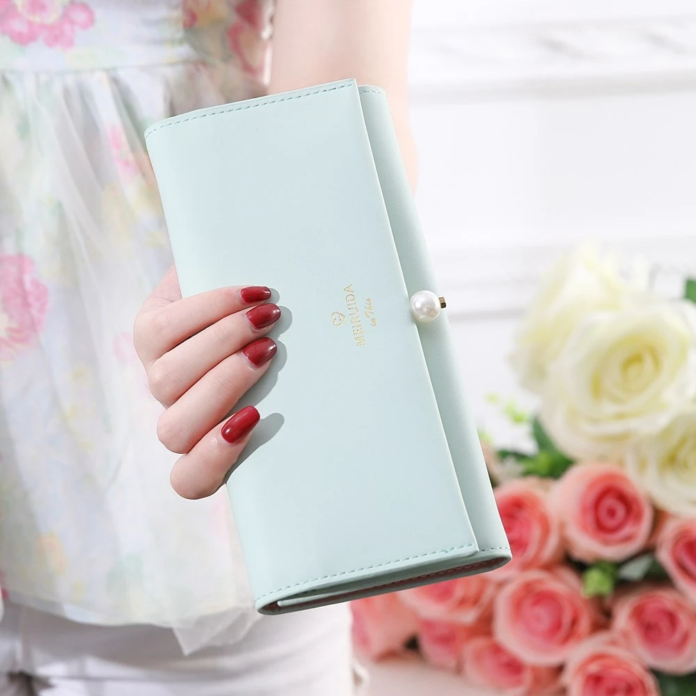

Clutch Bag Ladies Wallet Japan And South Korea Simple Fashion Multi-Card Position Pearl Buckle Wallet High Quality