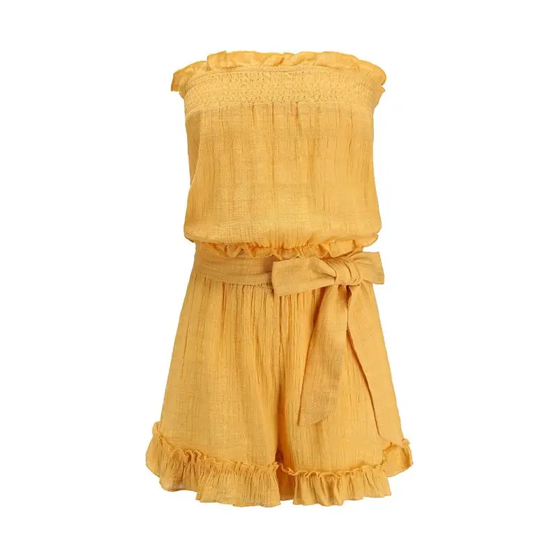 

Strapless Sexy Jumpsuit Shorts Women Summer 2019 Lace Up Pleated Boho Fashion Yellow Street Casual Beach Backless Playsuit Girl