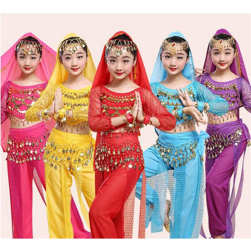 

Children Belly Dance Costume Girls Sequin Stage Performance Indian Oriental Clothes Kids Bollywood Dancing Halter+Legged Pants