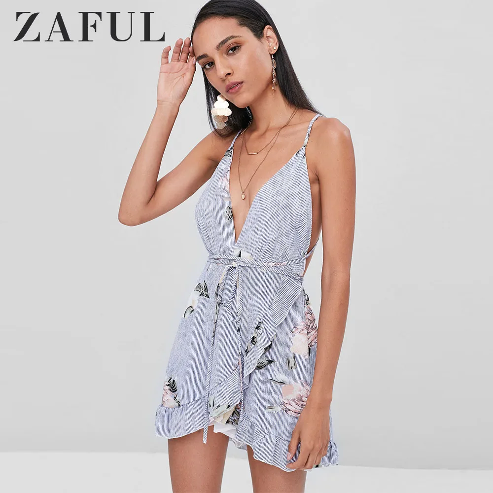 

ZAFUL Floral Stripes Overlap Mini Dress Criss-Cross Ruffles V-Neck A-Line Dress Spaghetti Strap Women Summer Dress 2019 Vestidos