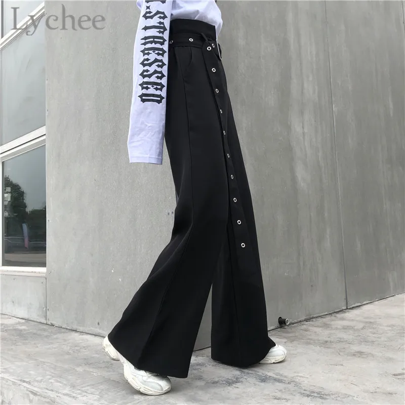 Lychee Harajuku пояс широкие брюки женские Высокая талия сплошной цвет длинные весна