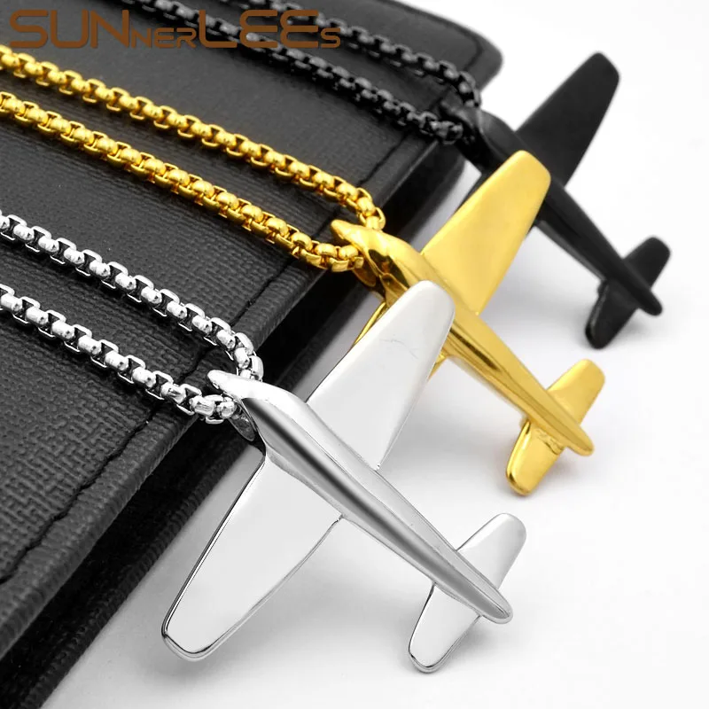 

SUNNERLEES Fashion Jewelry Stainless Steel Pendant Necklace Silver Gold Black Airplane Model Link Chain For Men Women Gift SP68