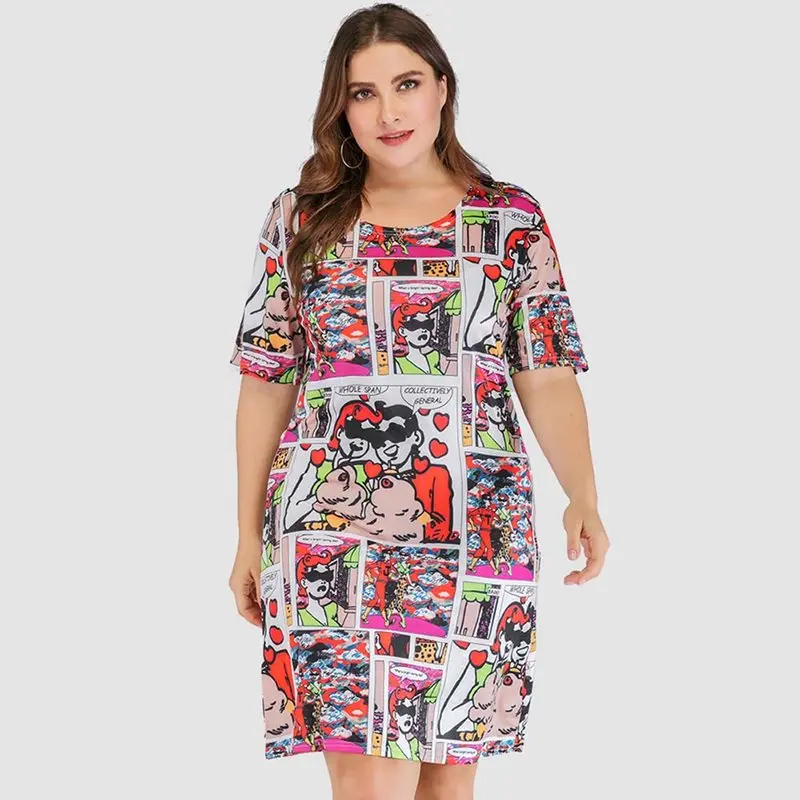

Cartoon T Shirt Dress Plus Size Women 2019 New Comic Printed Cute Hipster School Street Loose Large Sized Casual Dresses Girl